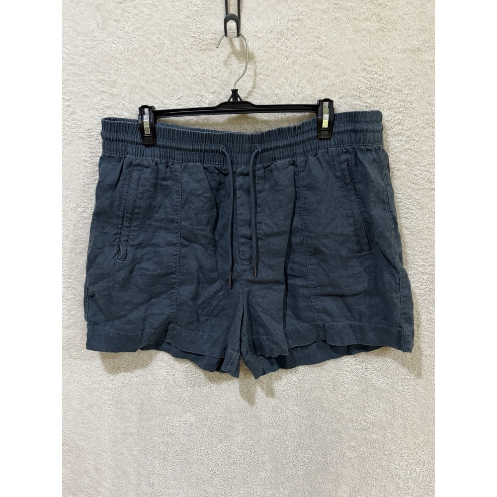 Athleta Women's Retreat 100% Linen Mid Rise Shorts Size L Navy Zippered Pockets